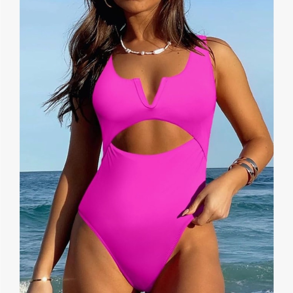 Meyeeka L NWT HOT PINK HARD V WIRE TUMMY CONTROL SEXY ONE PIECE SWIMSUIT